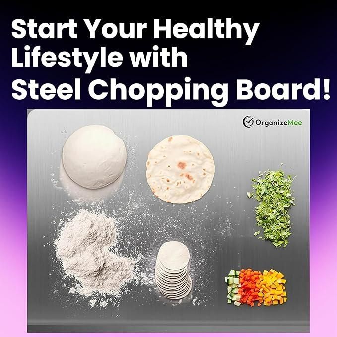 Stainless Steel Chopping Board with Lip for Kitchen | with 2 Steel Straw | for Cutting Vegetables, Meat, Fish, Fruits | Reversible | Easy to Wash | Food Grade Steel | Medium | 35 x 32 cm