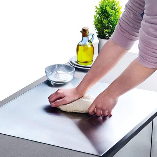 Stainless Steel Chopping Board with Lip for Kitchen | with 2 Steel Straw | for Cutting Vegetables, Meat, Fish, Fruits | Reversible | Easy to Wash | Food Grade Steel | Medium | 35 x 32 cm